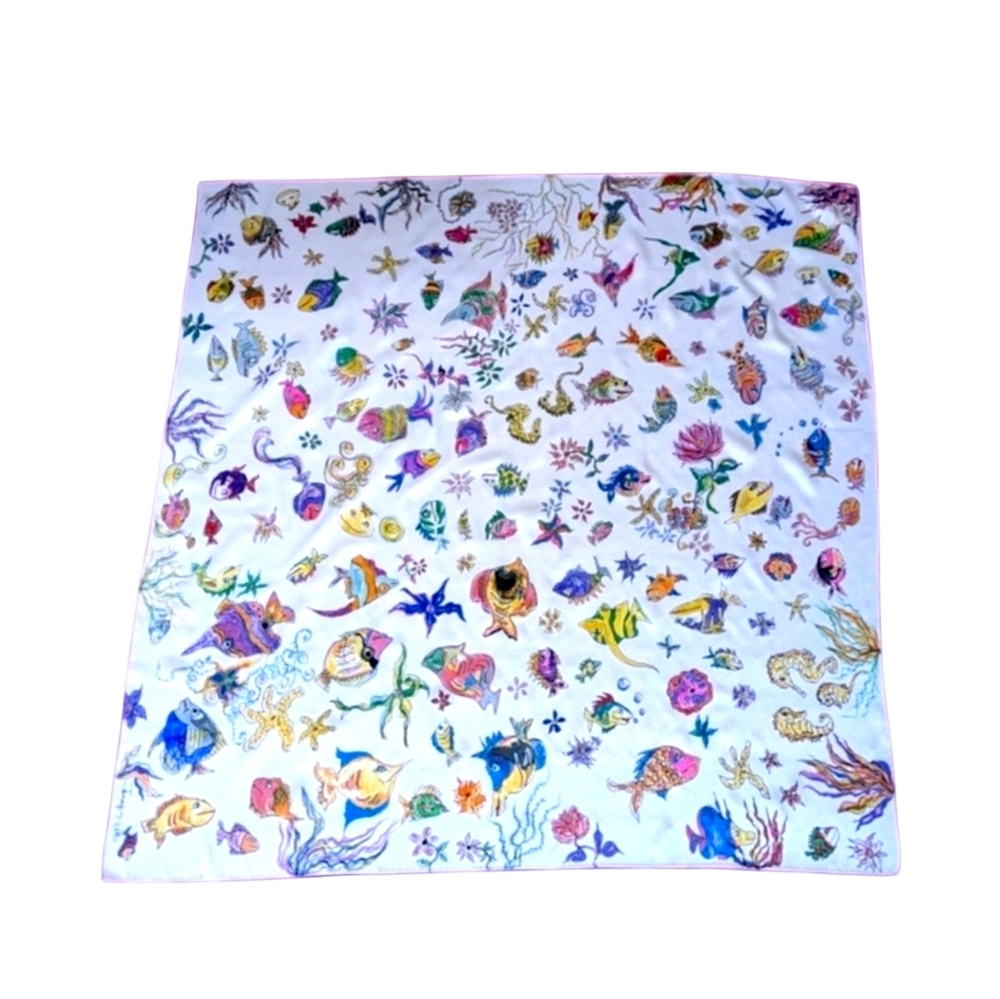 Hand painted signed silk/Satin scarf tropical fish one of a kind Original Spring - Picture 6 of 16